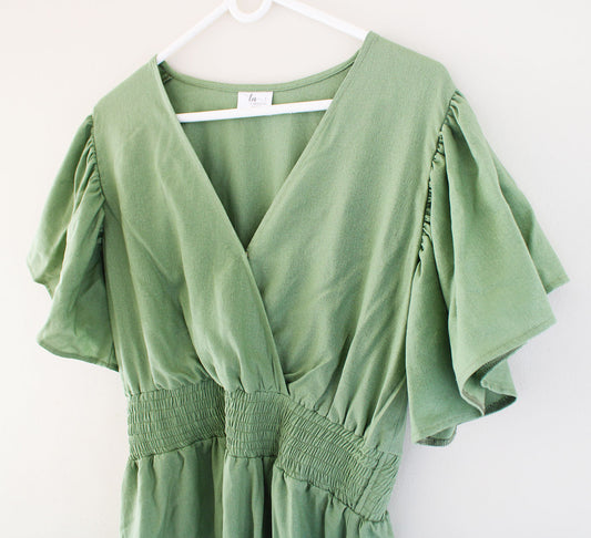 Womens Short Sleeve Maxi Tier Dress - Solid Olive Green