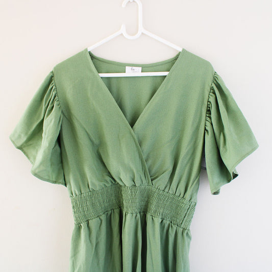 Womens Short Sleeve Maxi Tier Dress - Solid Olive Green